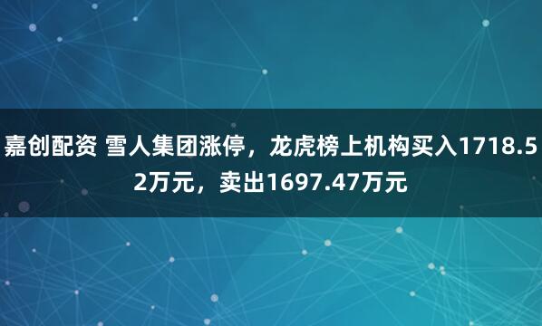 嘉创配资 雪人集团涨停，龙虎榜上机构买入1718.52万元，卖出1697.47万元
